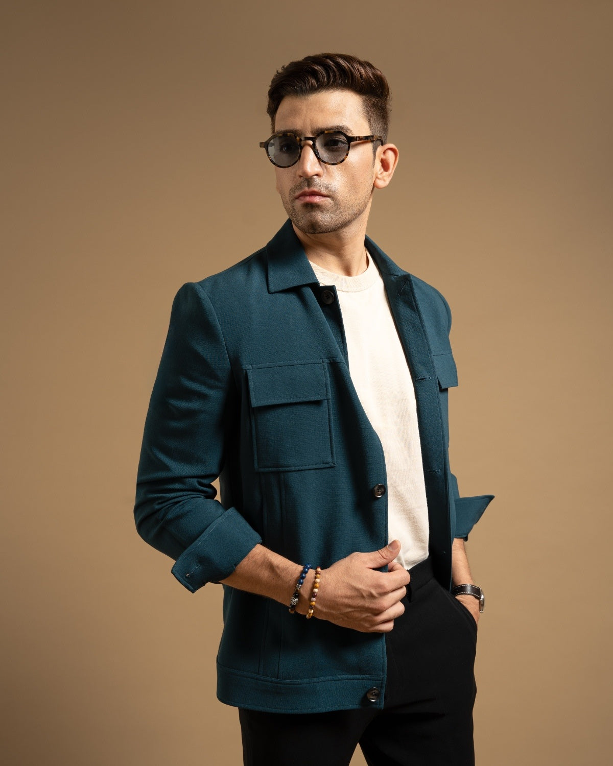 Teal Stretchable Utility Shacket Gargee