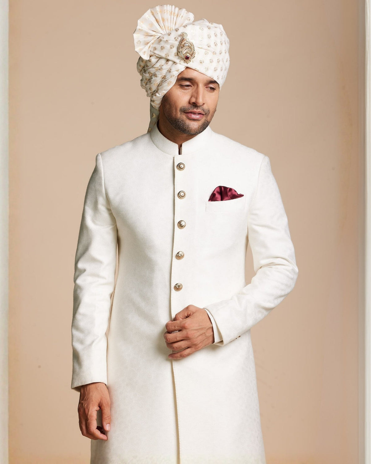 Ivory Classic Jacquard Sherwani Set Gargee