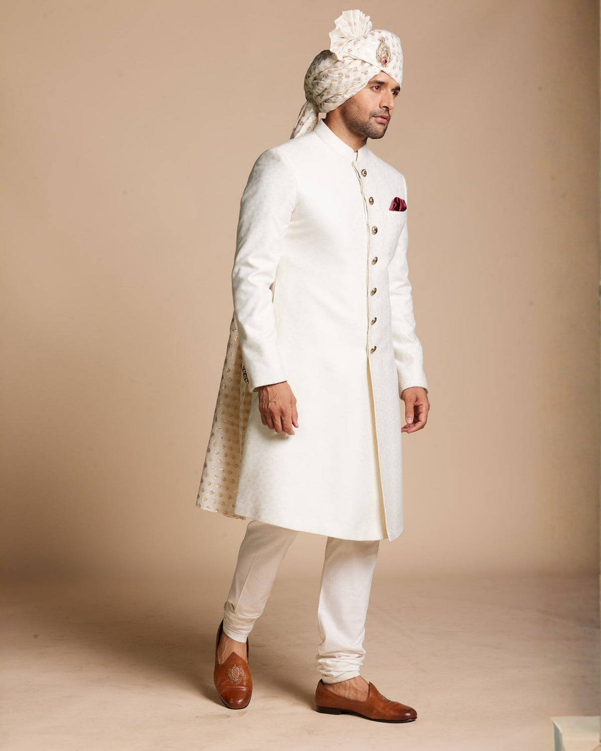 Ivory Classic Jacquard Sherwani Set Gargee
