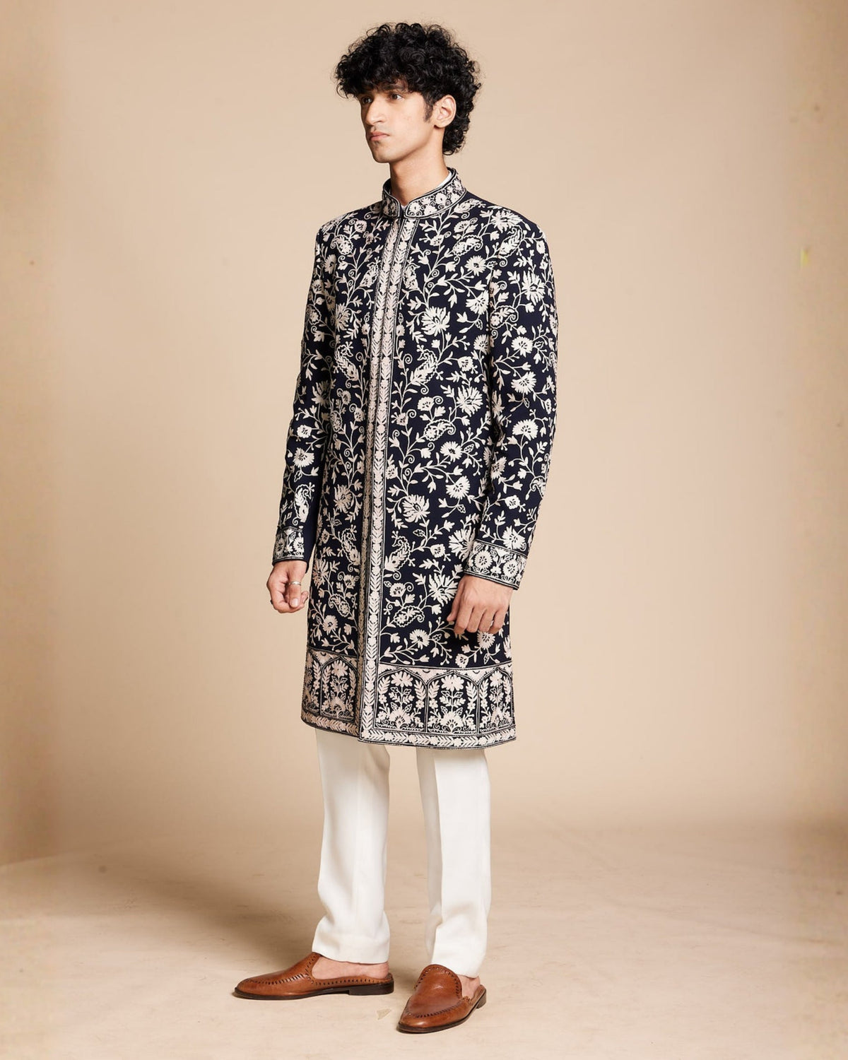Navy Floral Embroidered Indowestern Gargee