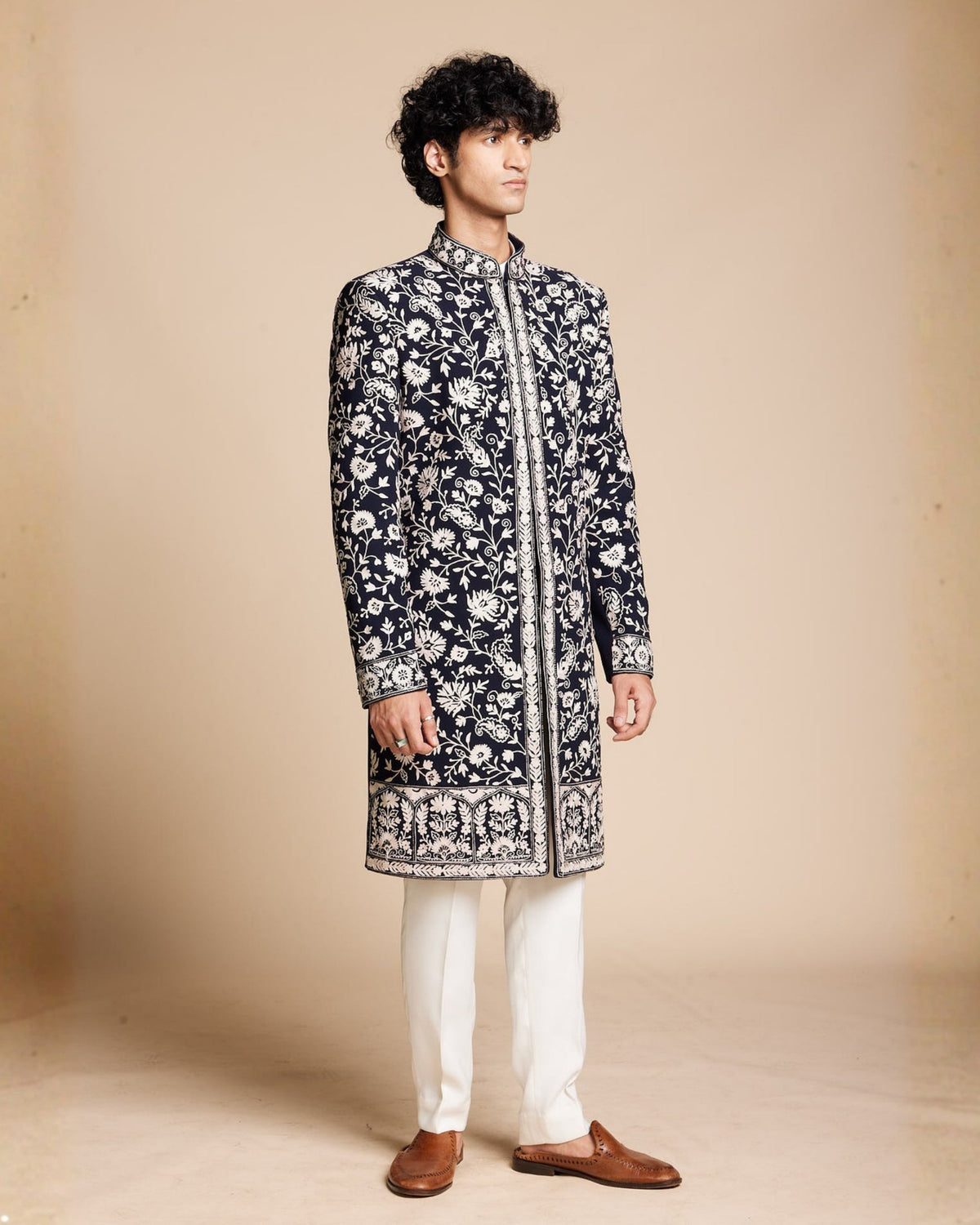 Navy Floral Embroidered Indowestern Gargee