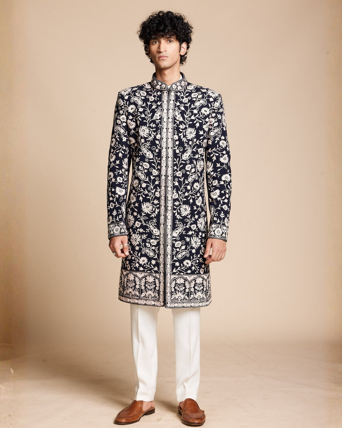 Navy Floral Embroidered Indowestern Gargee