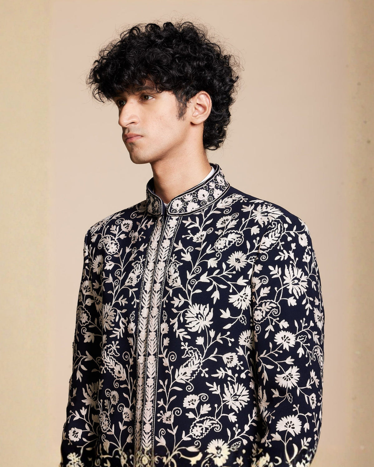 Navy Floral Embroidered Indowestern Gargee
