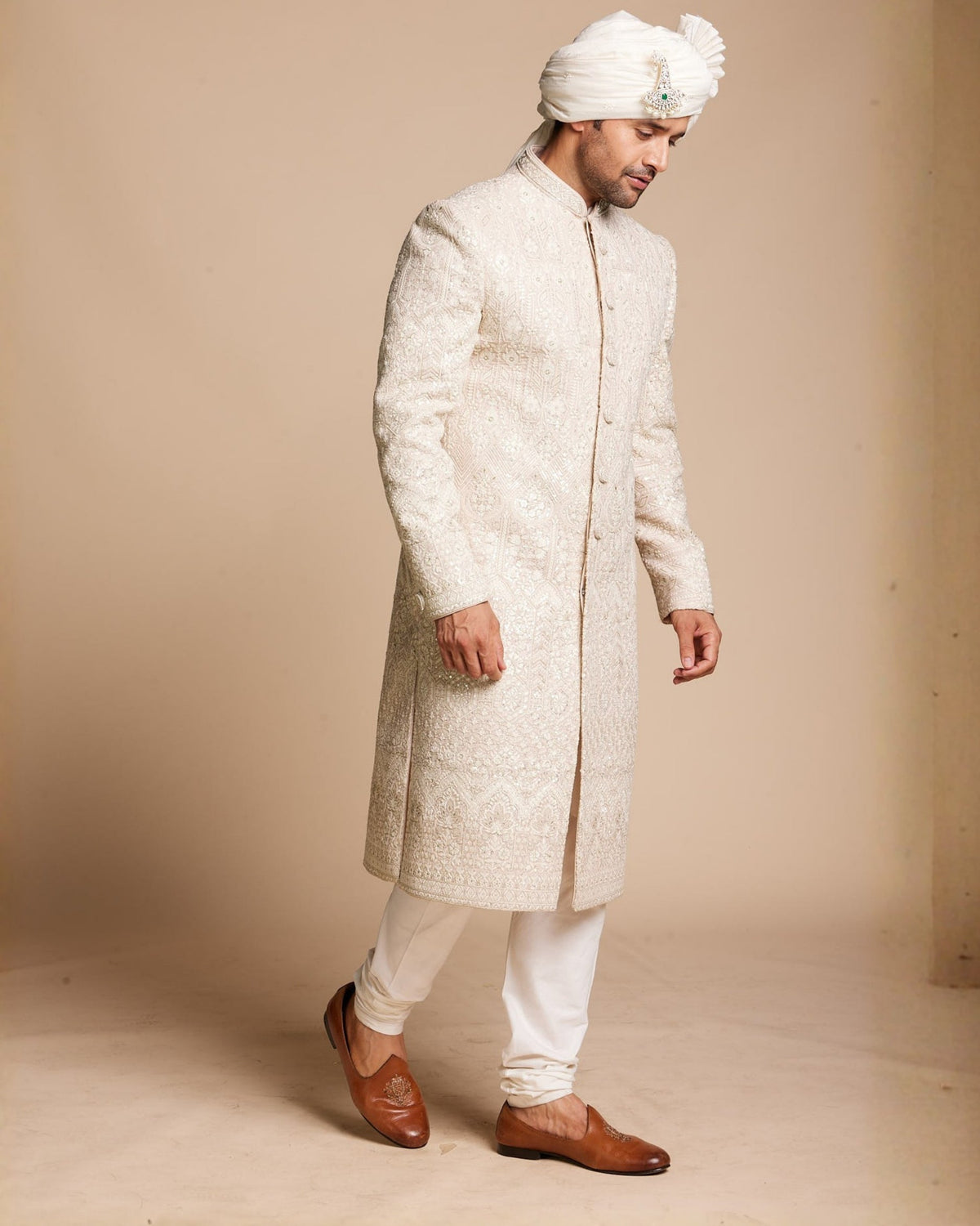 Ivory Embroidered Sherwani Set Gargee