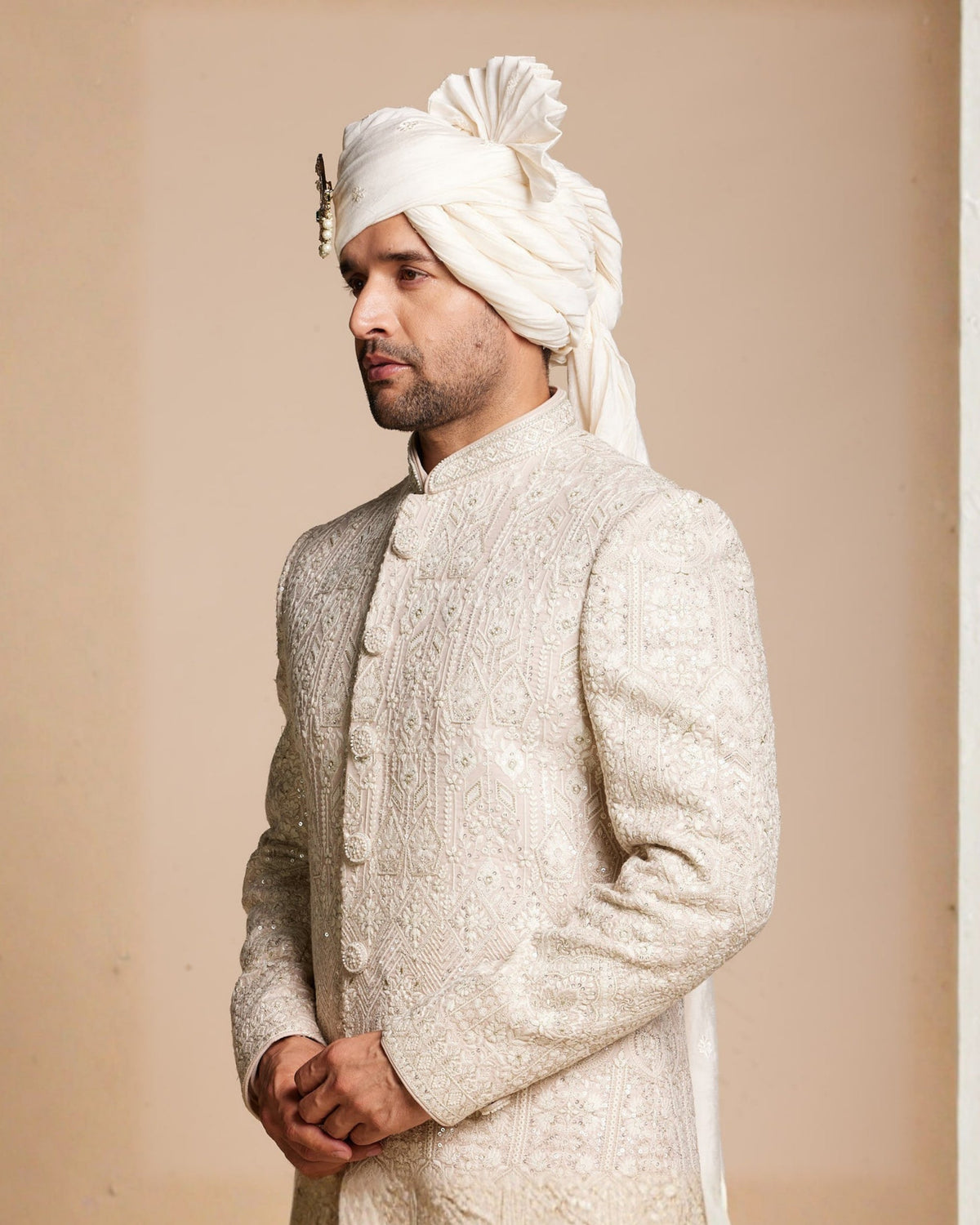 Ivory Embroidered Sherwani Set Gargee
