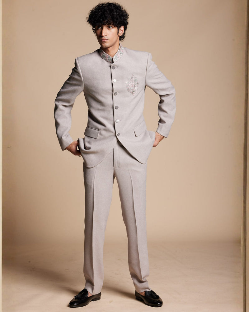 Pearl Grey Embroidered Jodhpuri Set Gargee