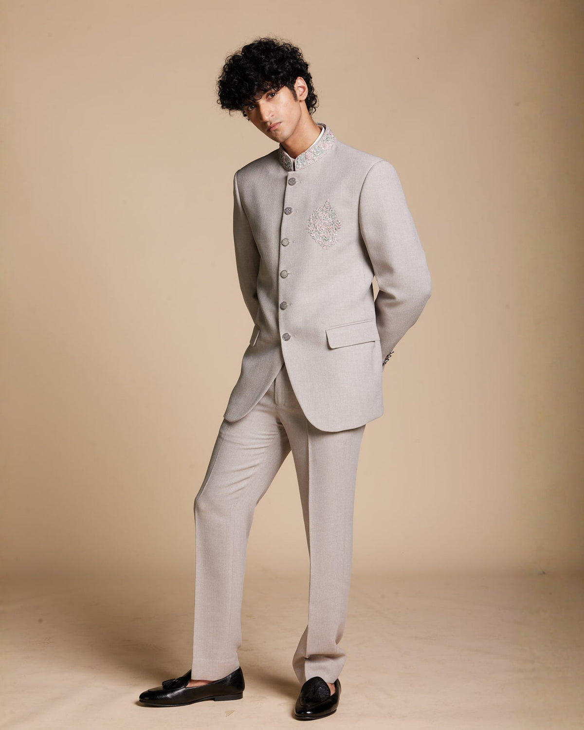 Pearl Grey Embroidered Jodhpuri Set Gargee