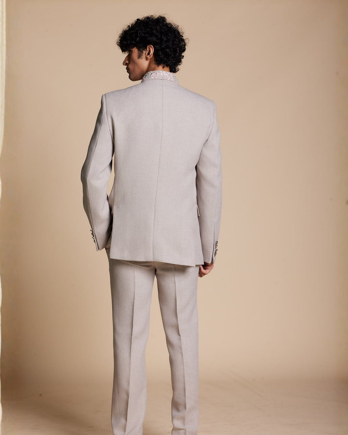 Pearl Grey Embroidered Jodhpuri Set Gargee