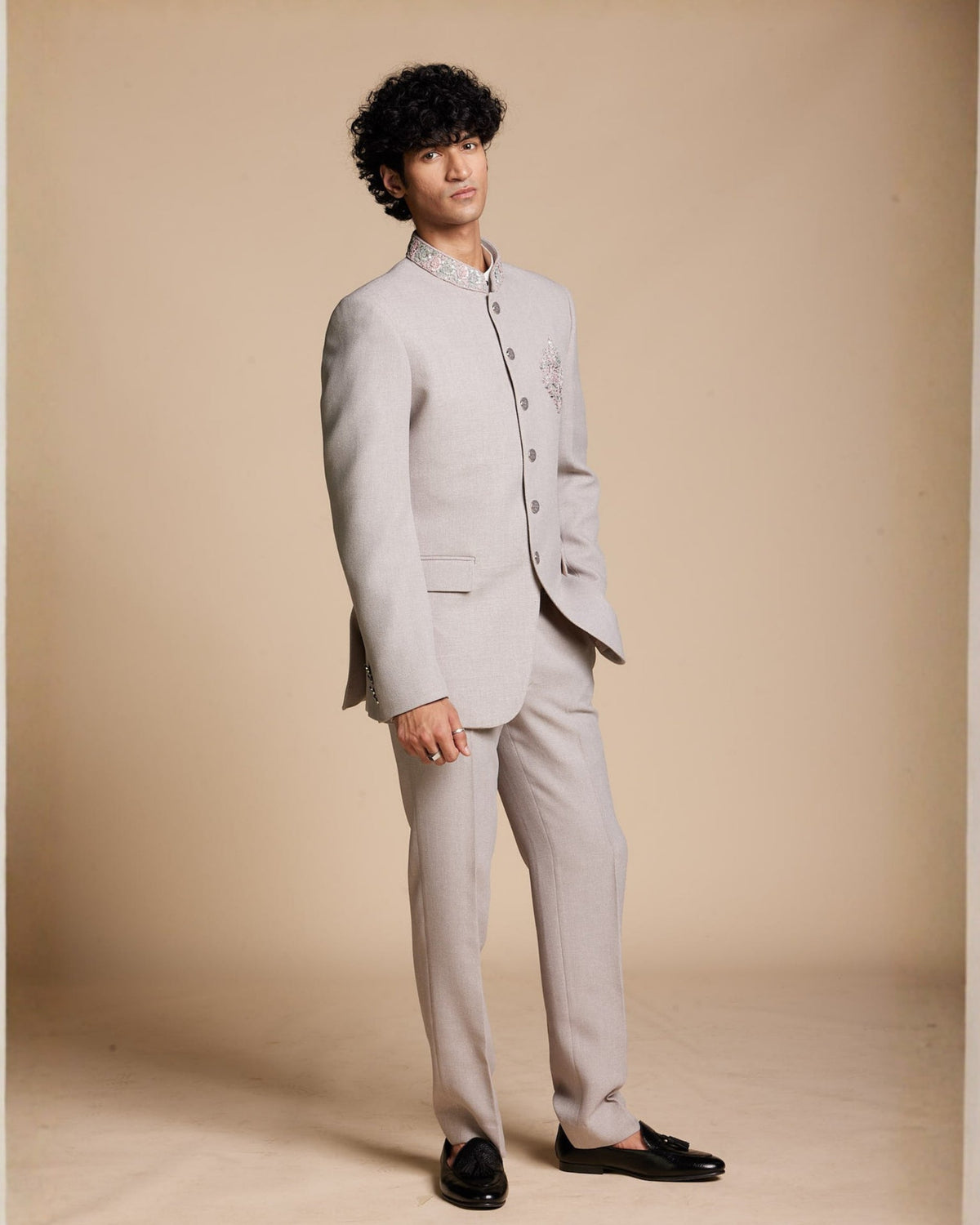 Pearl Grey Embroidered Jodhpuri Set Gargee