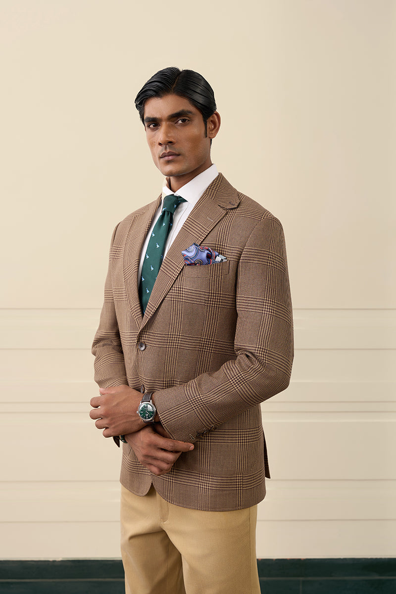 Camel Glen Plaid Single-Breasted Blazer Gargee