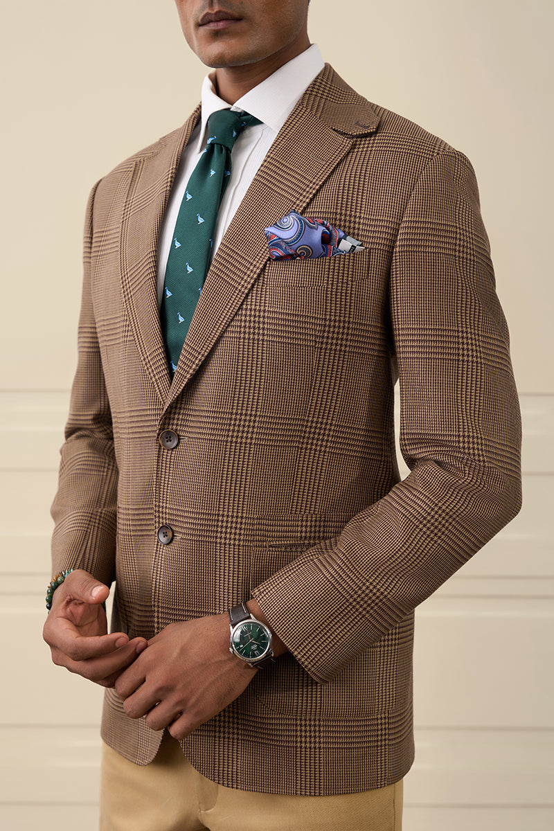 Camel Glen Plaid Single-Breasted Blazer Gargee