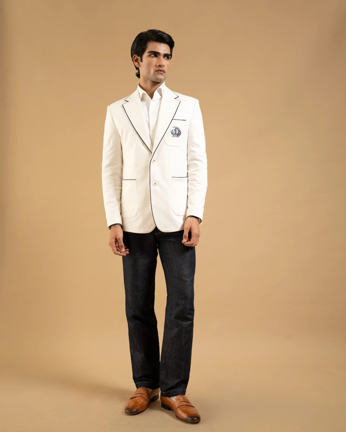 White Cotton Contrast Trim Crest Blazer Gargee