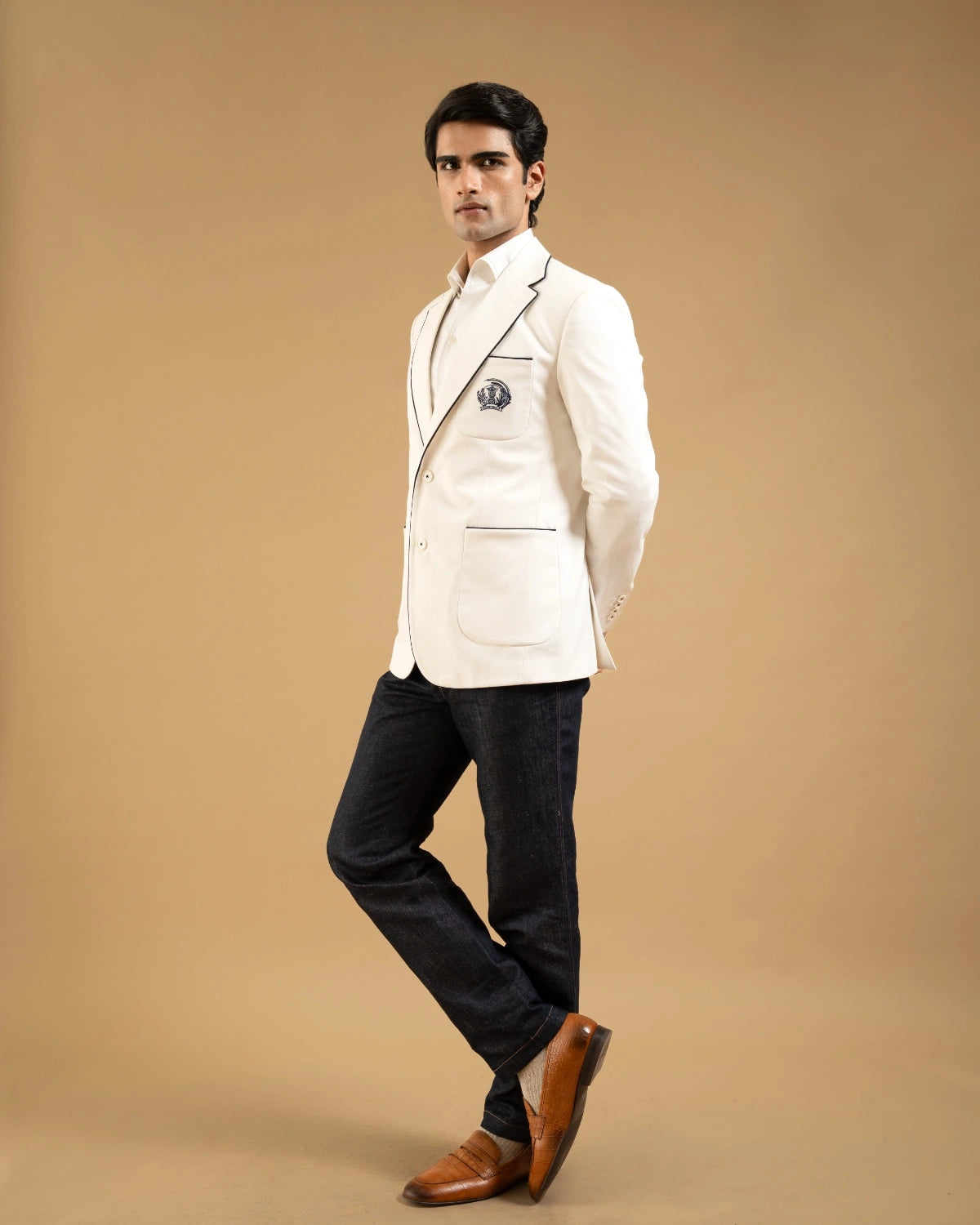 White Cotton Contrast Trim Crest Blazer Gargee