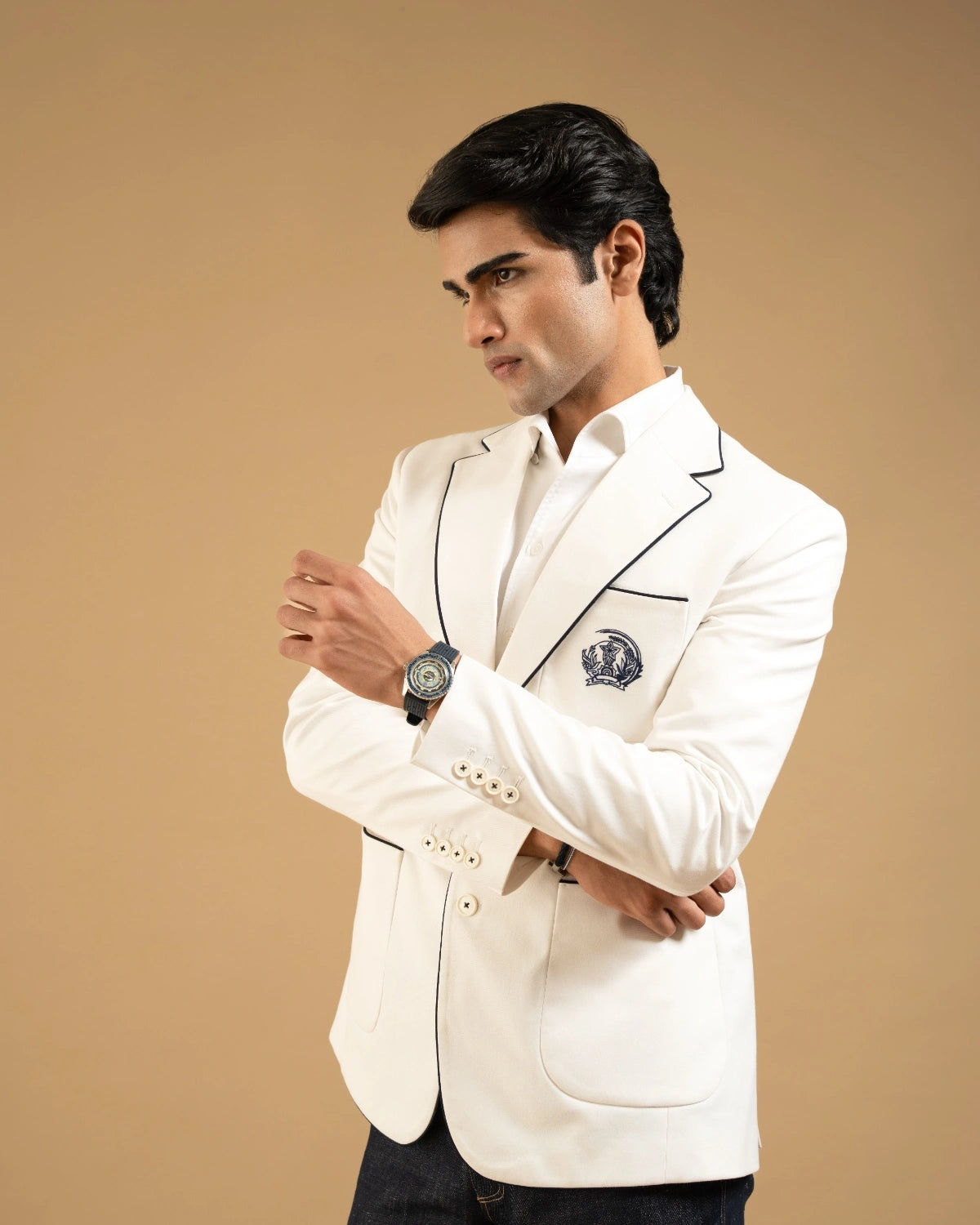 White Cotton Contrast Trim Crest Blazer Gargee