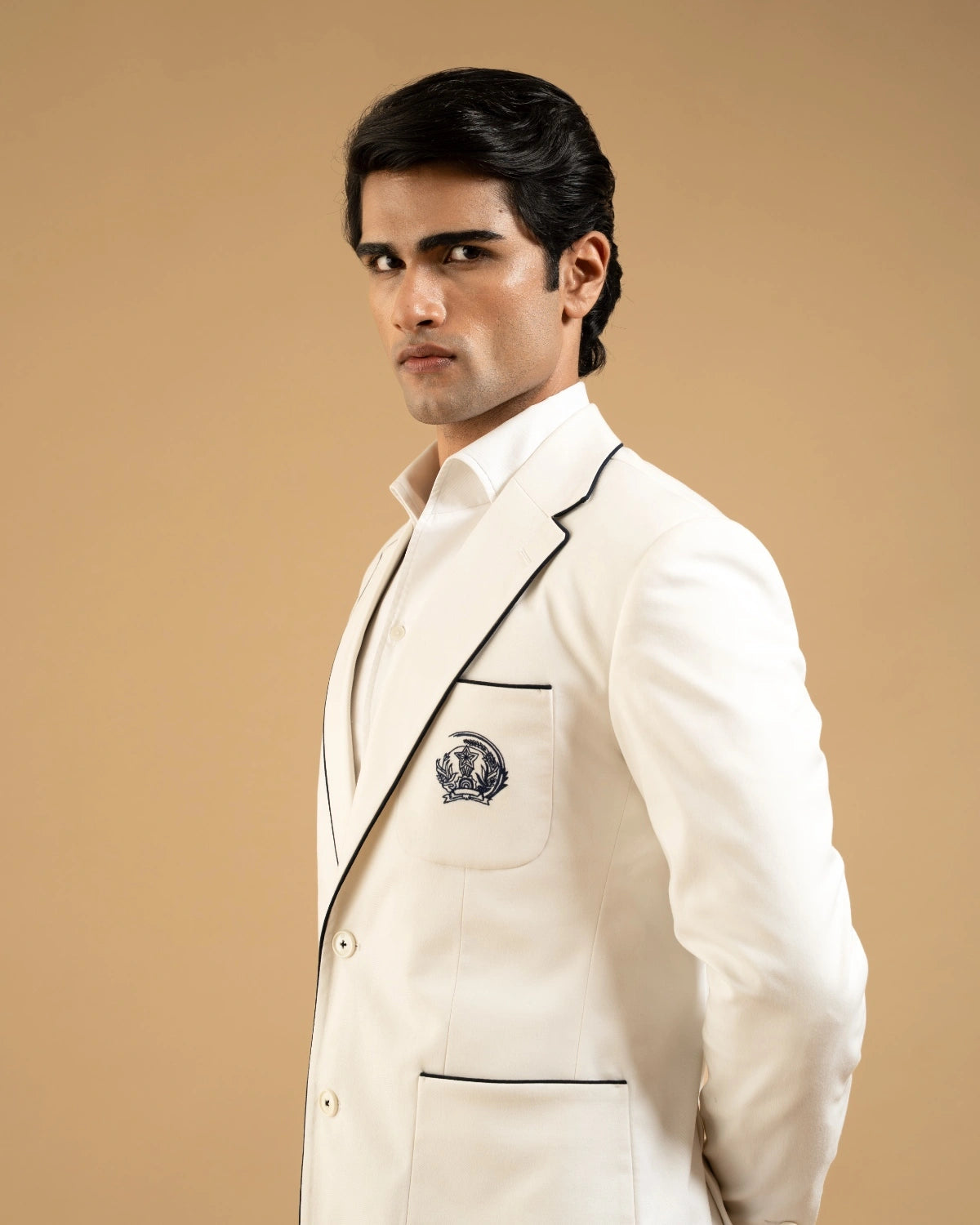 White Cotton Contrast Trim Crest Blazer Gargee