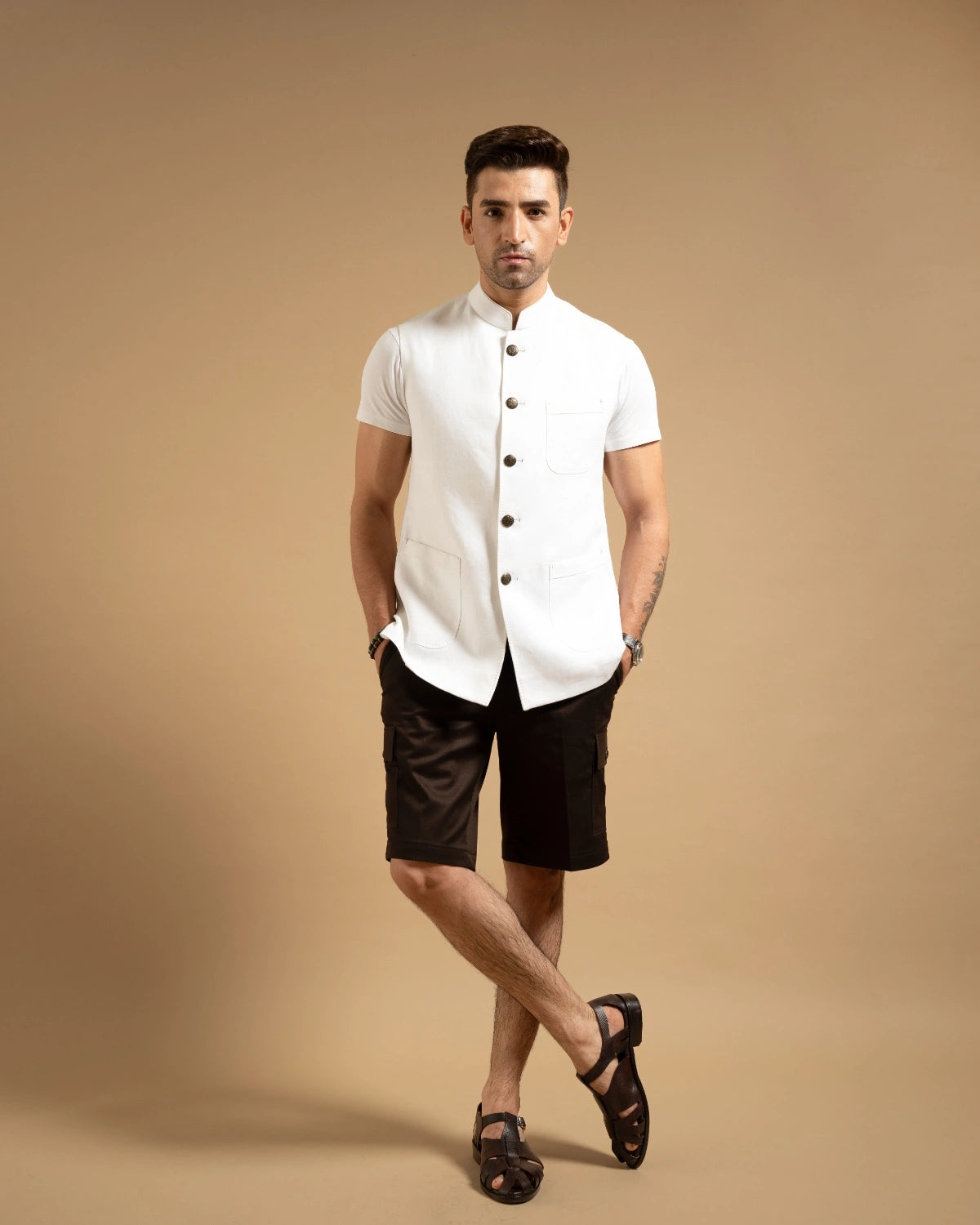 White Linen Patch Pocket Down-Vest Gargee