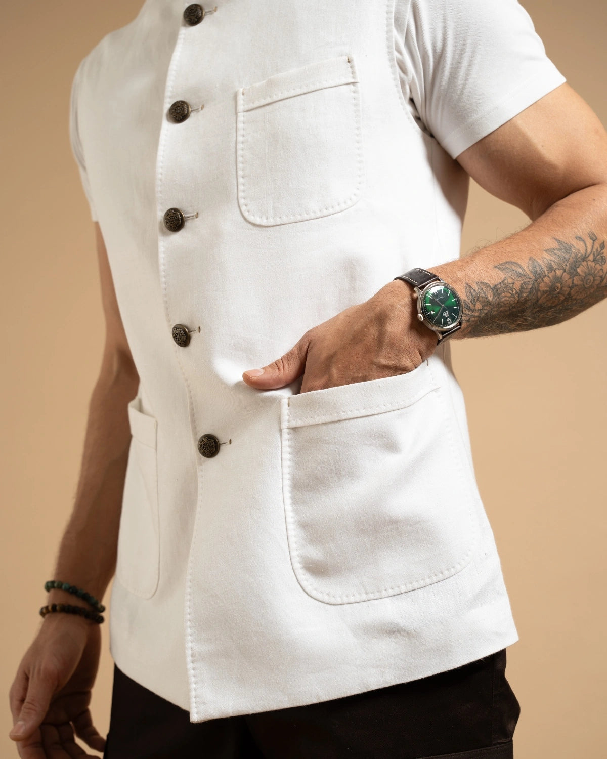 White Linen Patch Pocket Down-Vest Gargee