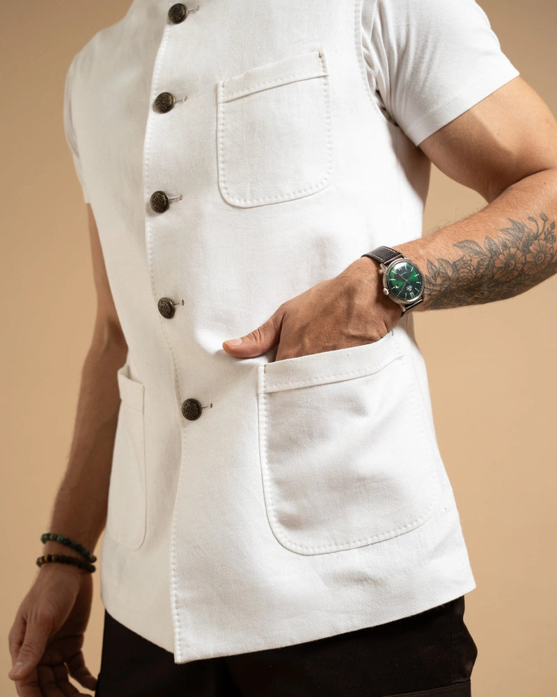 White Linen Patch Pocket Down-Vest Gargee