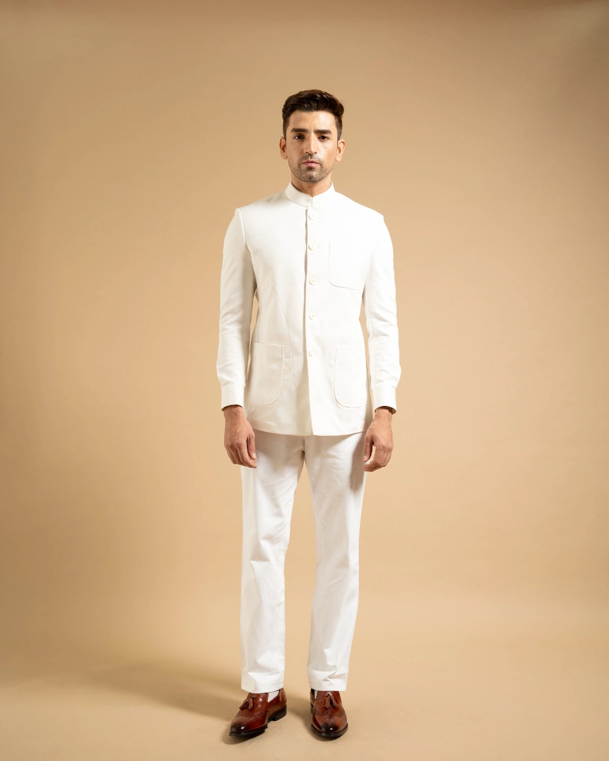 White Linen Structured Bandhgala Gargee