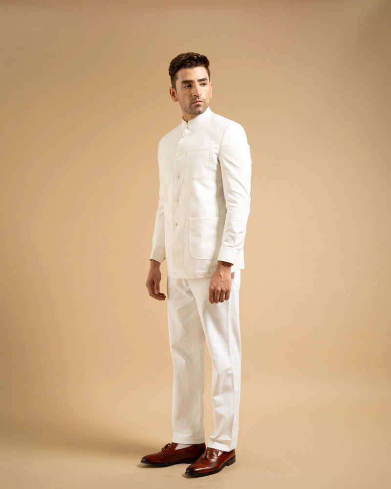 White Linen Structured Bandhgala Gargee