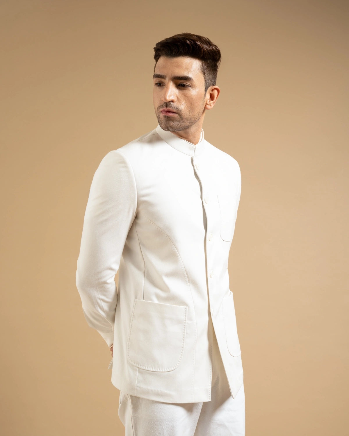 White Linen Structured Bandhgala Gargee