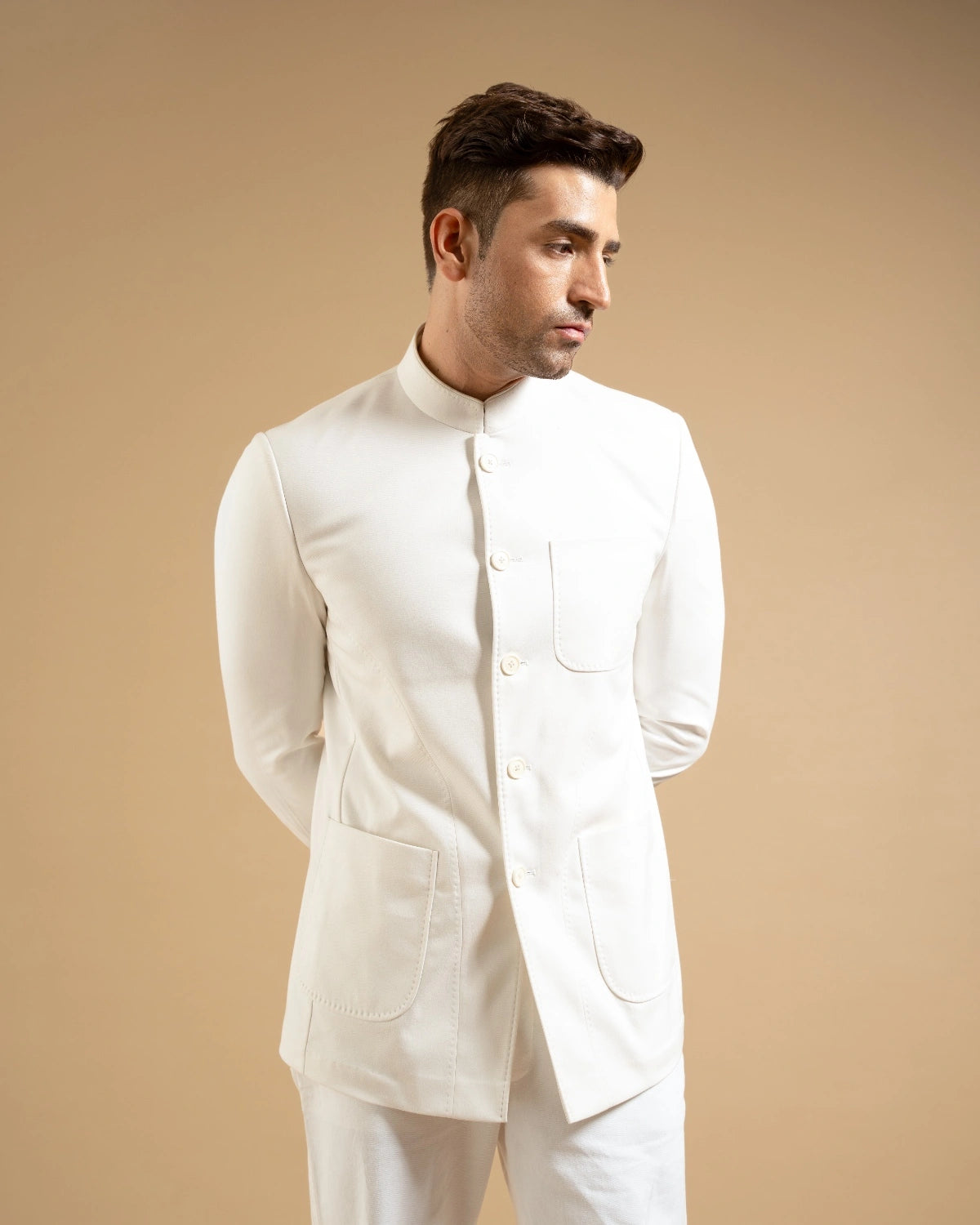 White Linen Structured Bandhgala Gargee