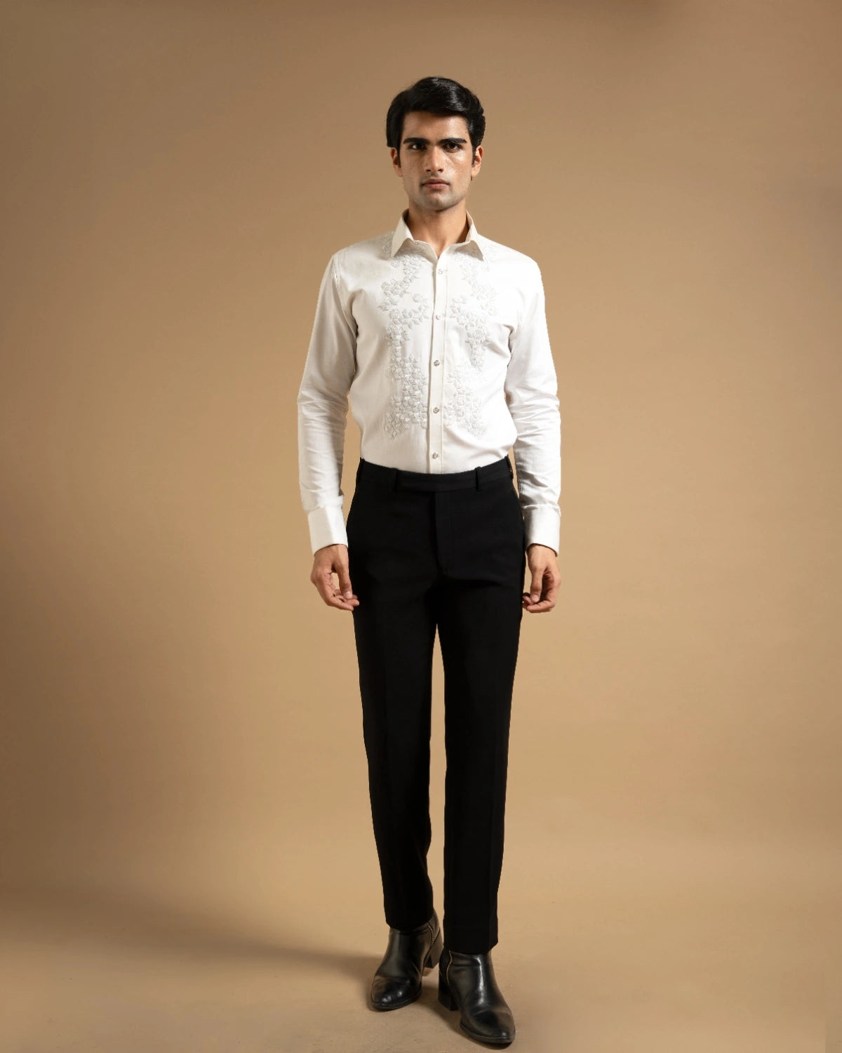 White Textured Embroidered Panel Shirt Gargee