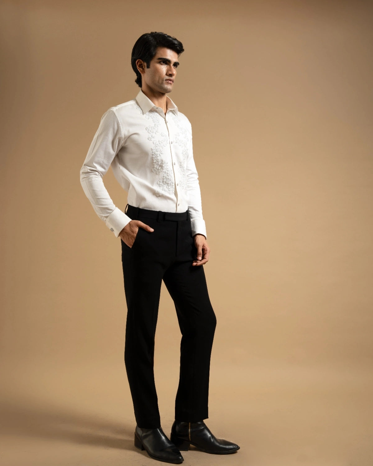 White Textured Embroidered Panel Shirt Gargee