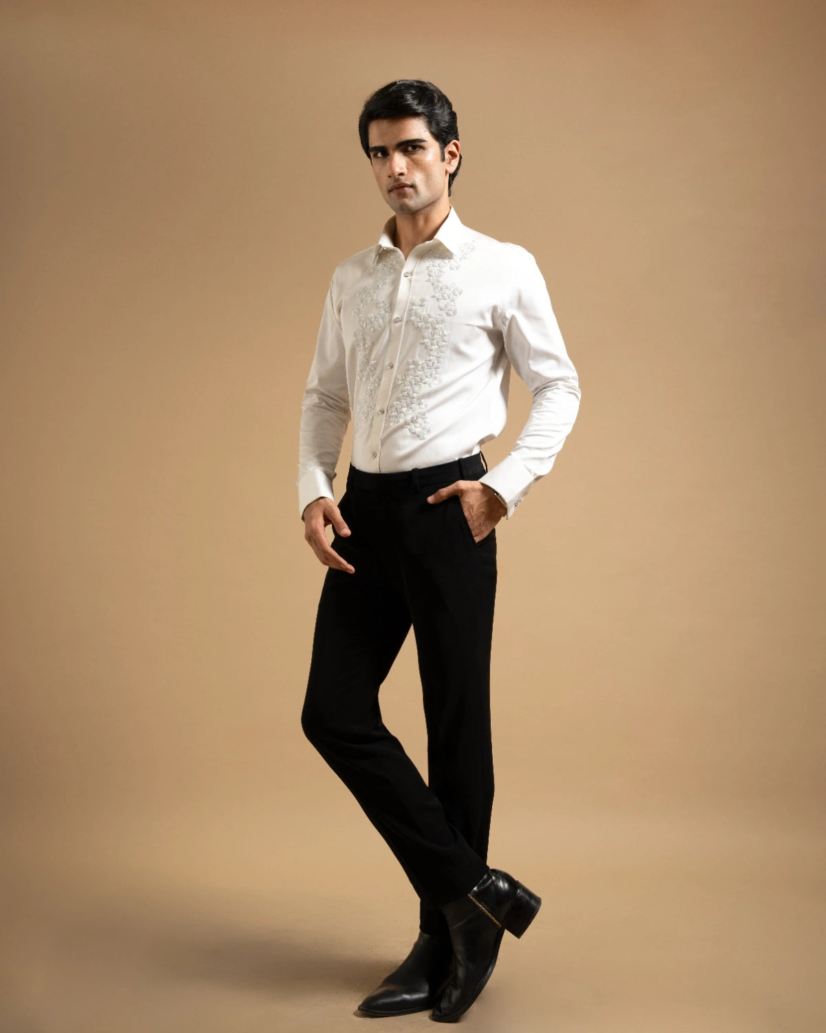 White Textured Embroidered Panel Shirt Gargee