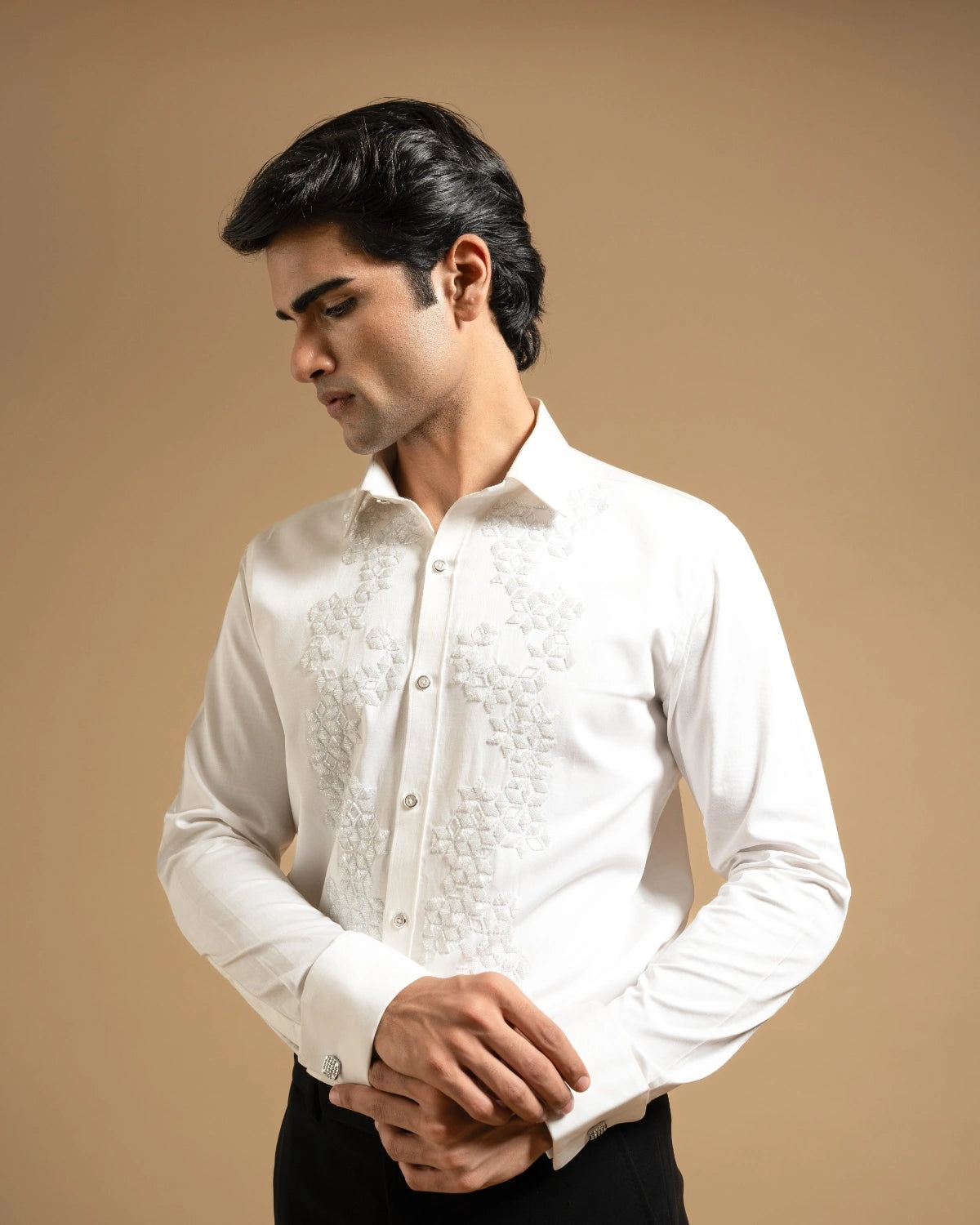 White Textured Embroidered Panel Shirt Gargee