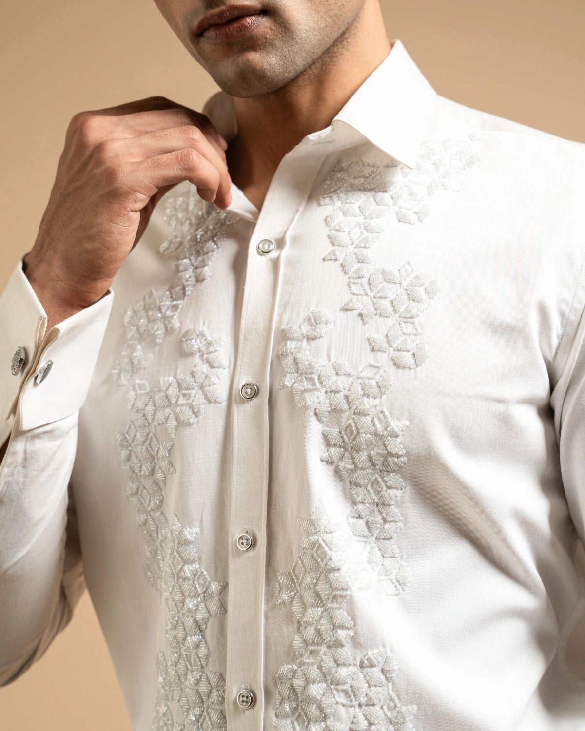 White Textured Embroidered Panel Shirt Gargee