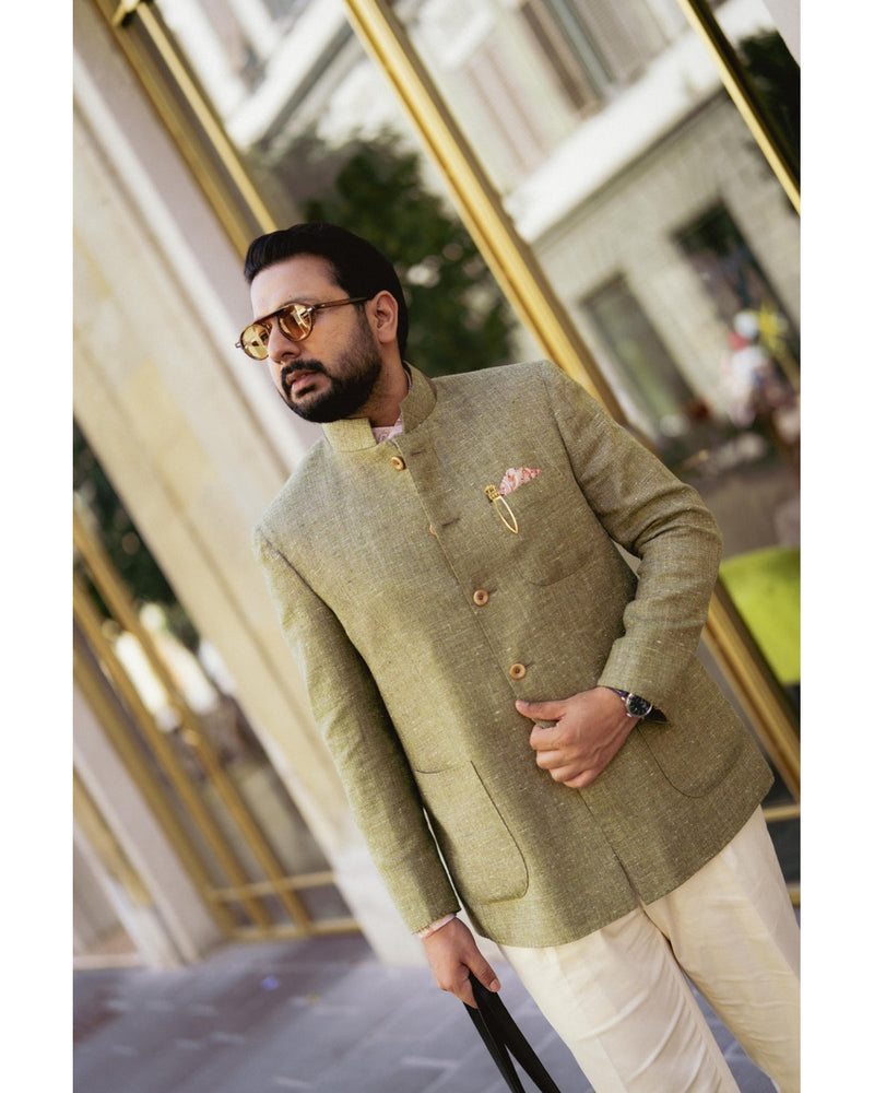 Olive Silk Linen Bandhgala Jacket Gargee