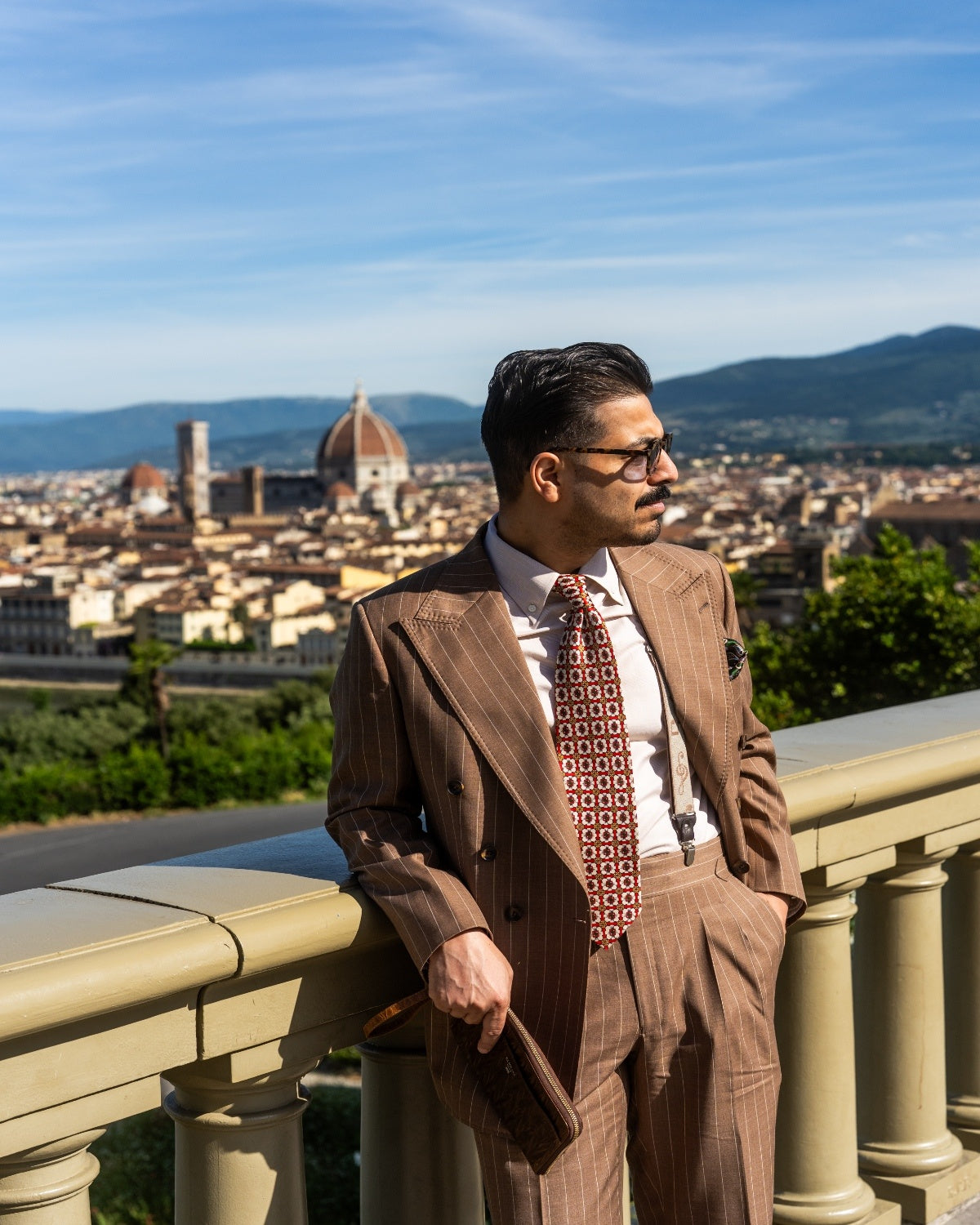 Brown Double-Breasted Pinstripe Suit Gargee
