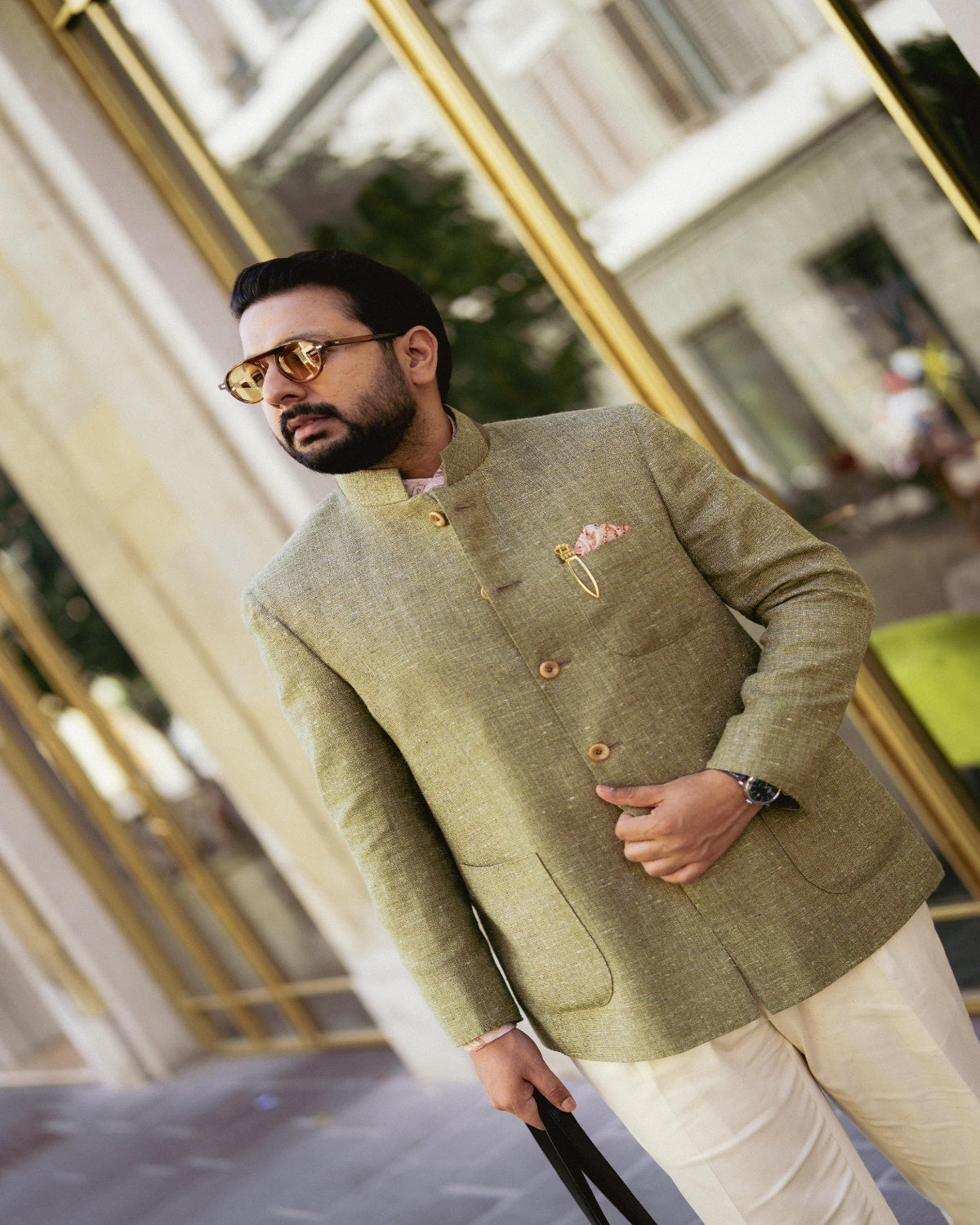 Olive Silk Linen Bandhgala Jacket Gargee