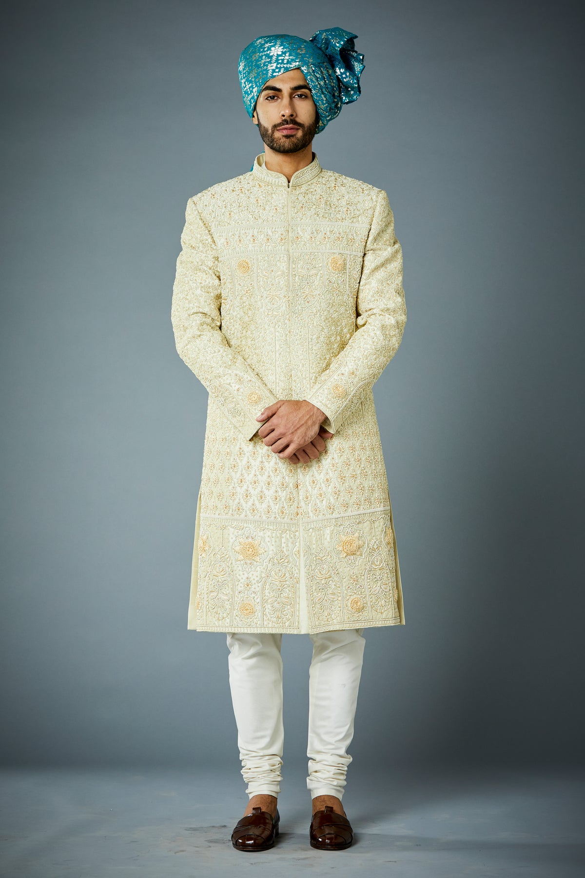 YELLOW EMBROIDERED SILK SHERWANI SET