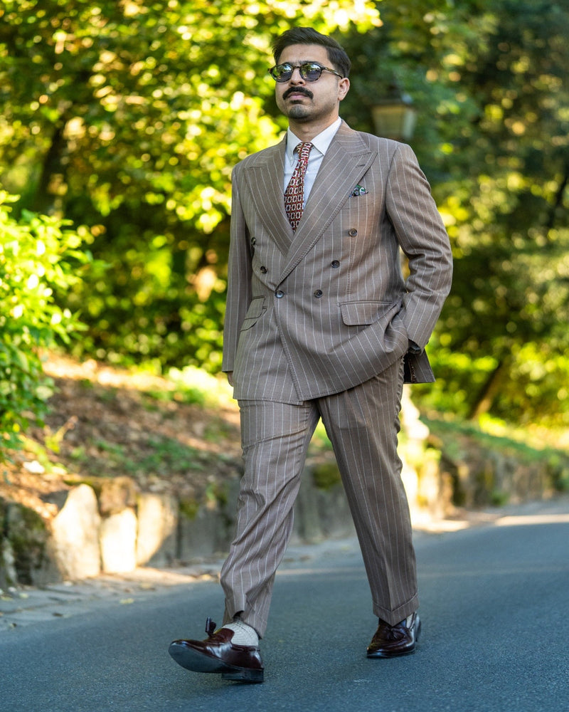 Brown Double-Breasted Pinstripe Suit Gargee