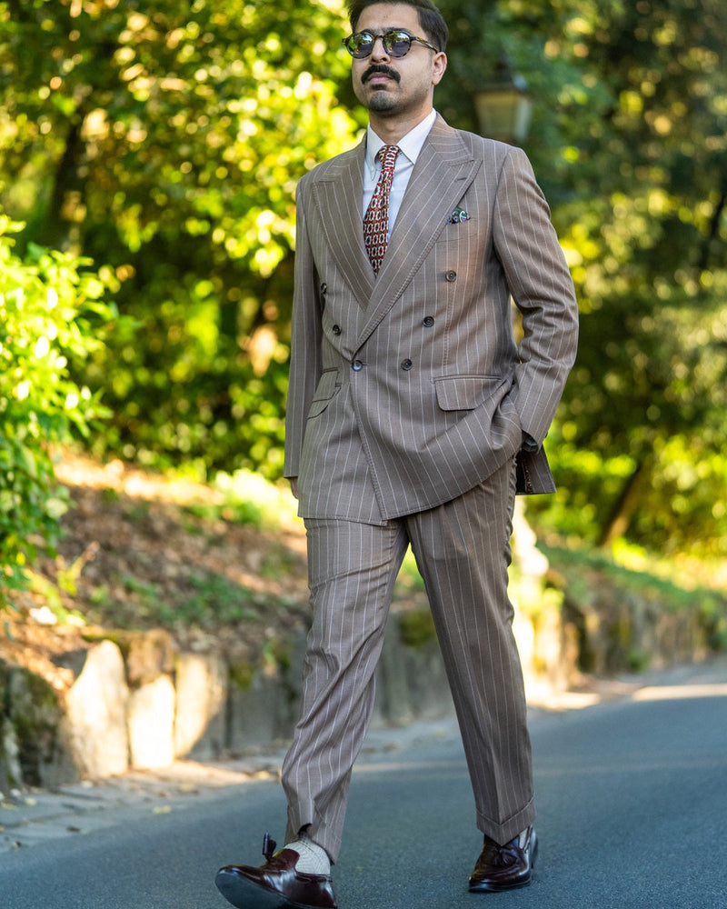 Brown Double-Breasted Pinstripe Suit Gargee