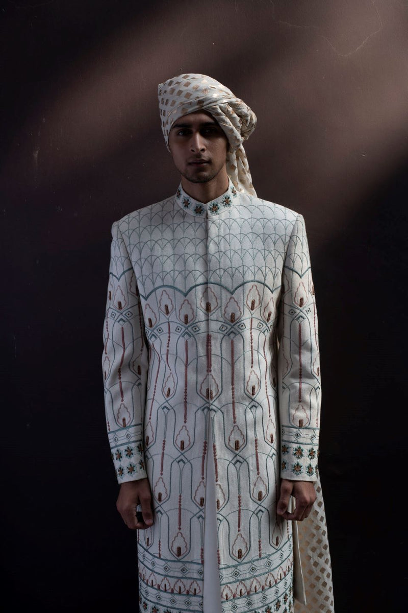 OFF-WHITE SILK EMBROIDERED SHERWANI SET 2