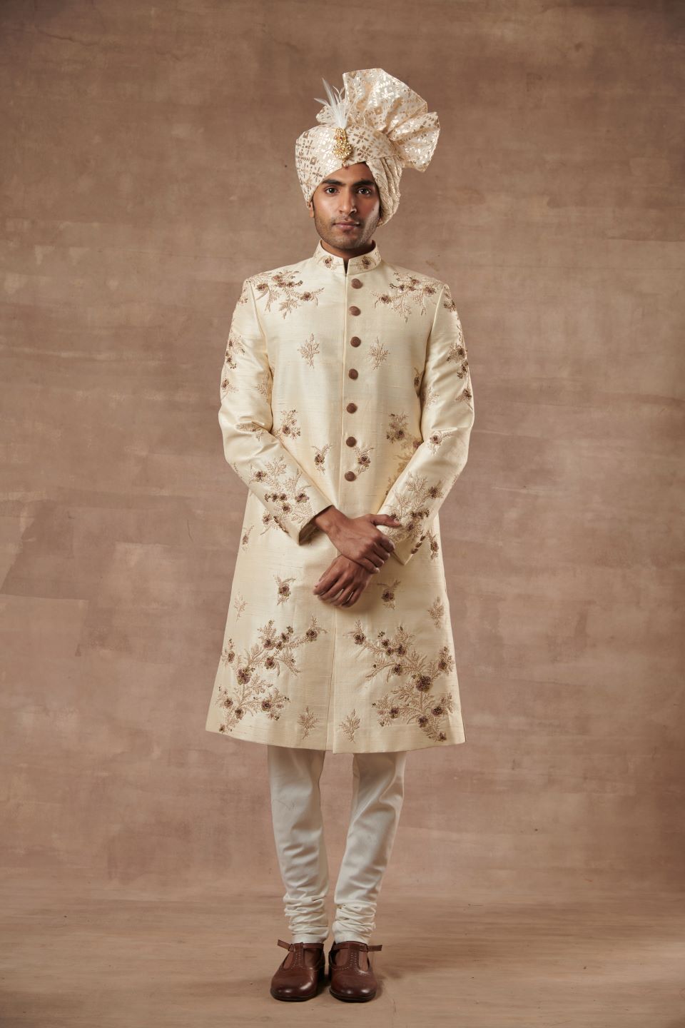 CREAM SILK EMBROIDERED SHERWANI SET 2