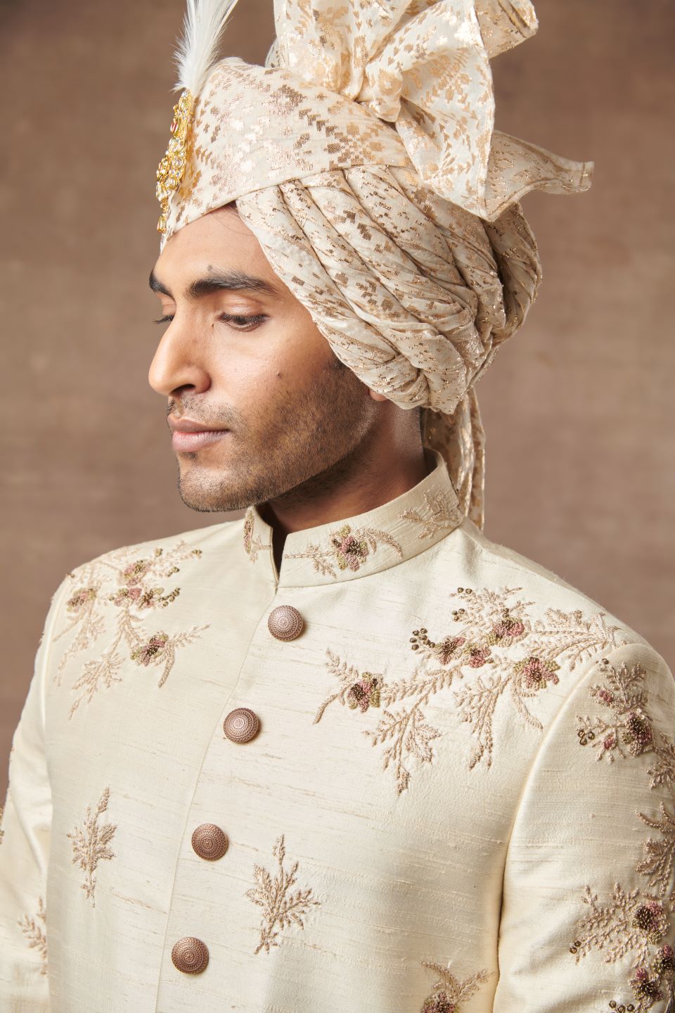 CREAM SILK EMBROIDERED SHERWANI SET 4