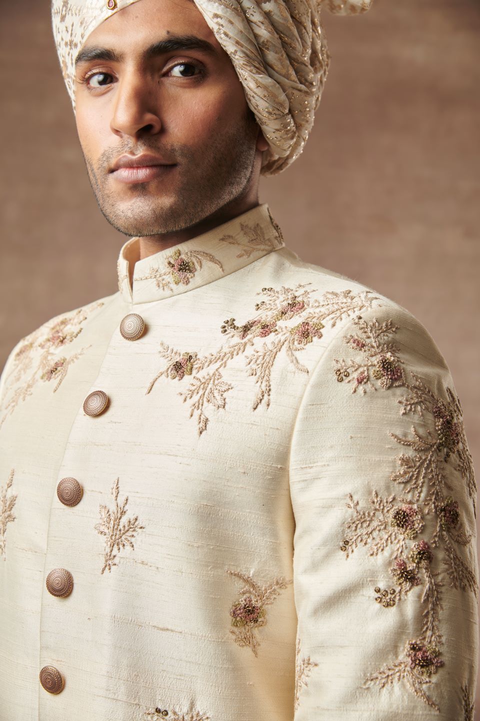 CREAM SILK EMBROIDERED SHERWANI SET 5