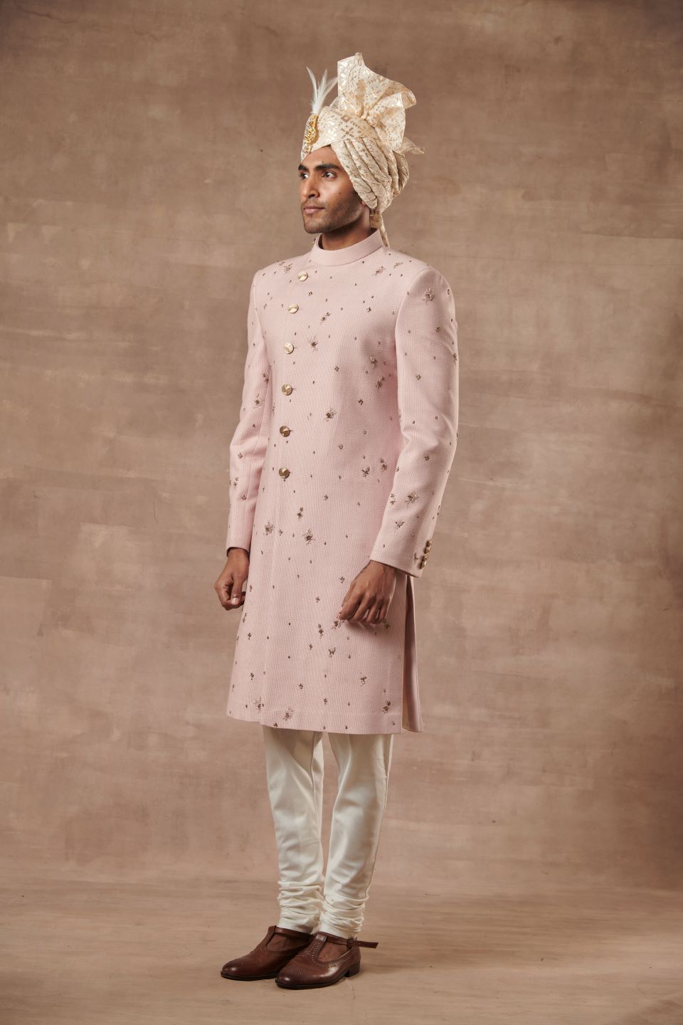 PEACH SILK EMBROIDERED SHERWANI SET 2