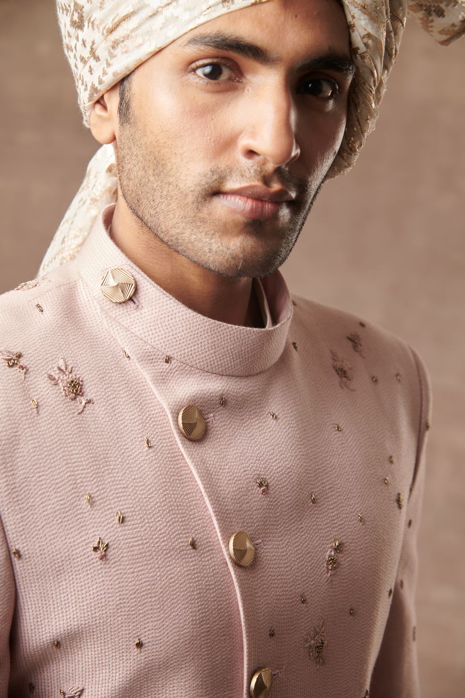 PEACH SILK EMBROIDERED SHERWANI SET 4