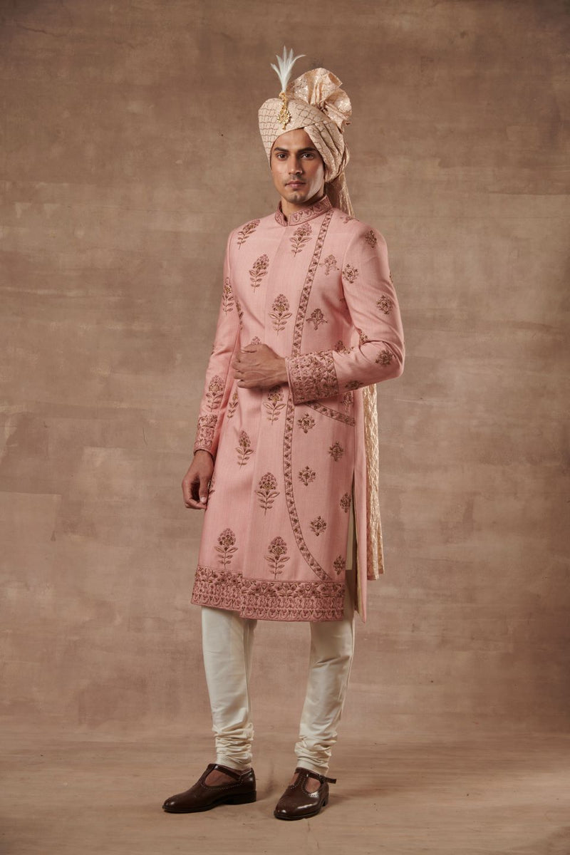 PEACH SILK EMBROIDERED SHERWANI SET 2