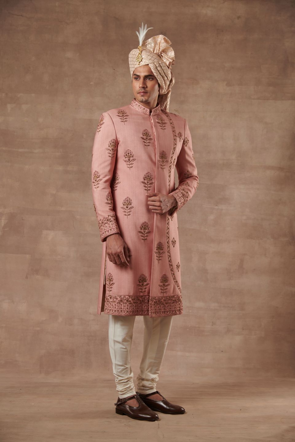 PEACH SILK EMBROIDERED SHERWANI SET 3