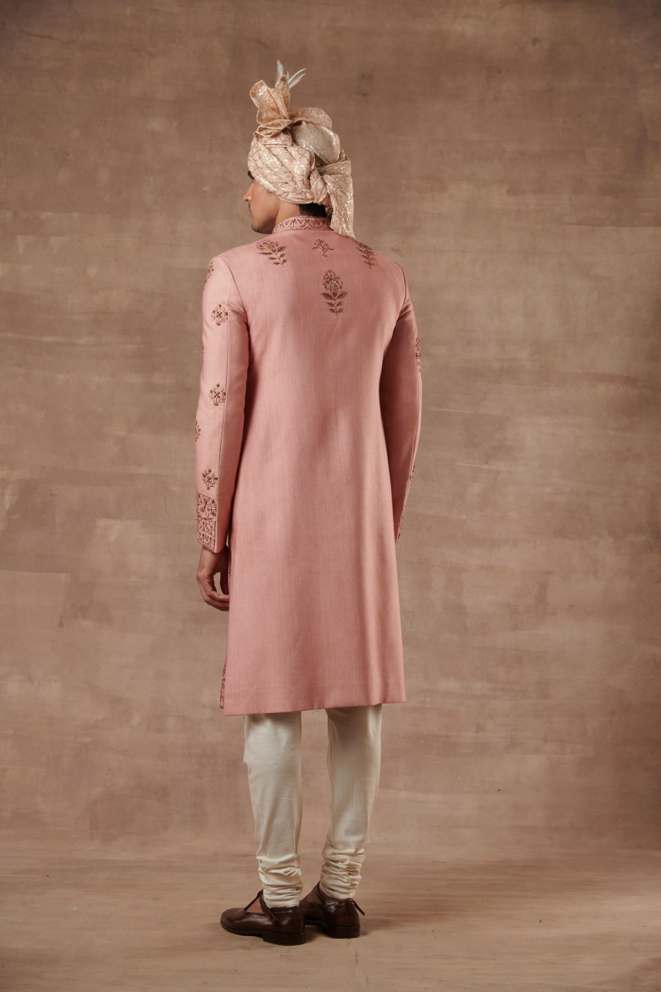 PEACH SILK EMBROIDERED SHERWANI SET 4