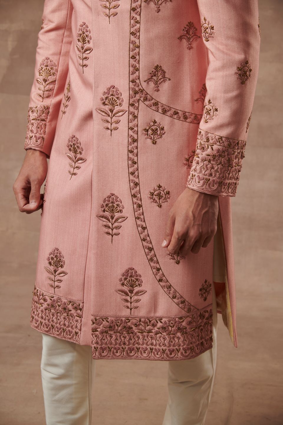 PEACH SILK EMBROIDERED SHERWANI SET 6