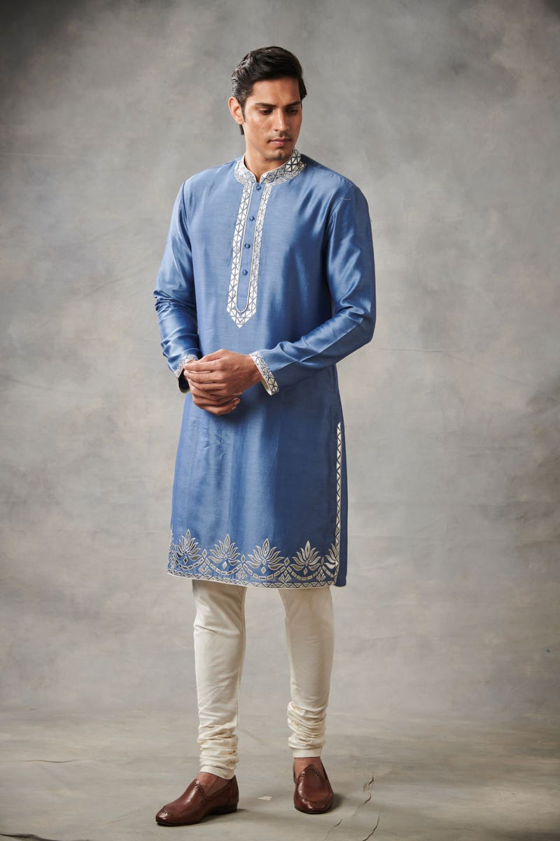 BLUE CHANDERI APPLIQUE KURTA SET 2