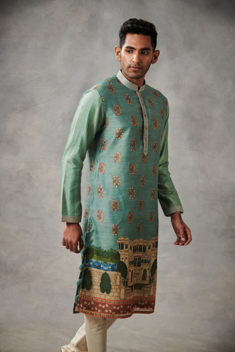 TEAL CHANDERI PRINTED KURTA SET 2