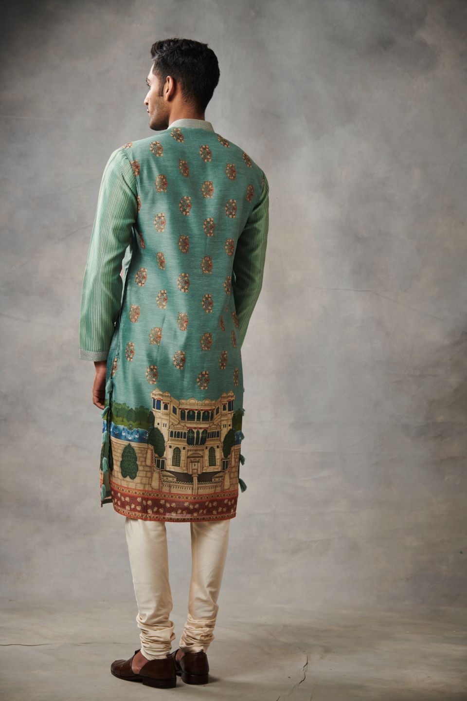 TEAL CHANDERI PRINTED KURTA SET 5